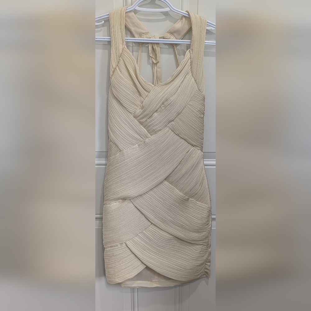 Pusch Cream Asymmetrical Pleated Halter Dress